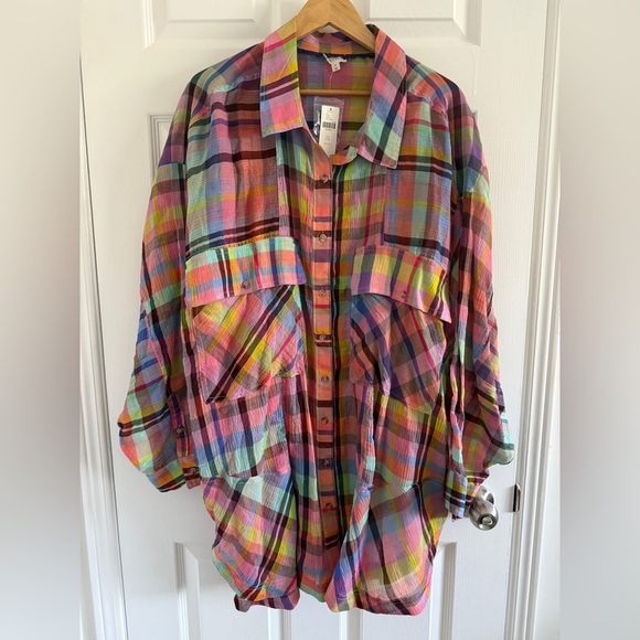 NWT Pilcro 3X Plus Long-Sleeve Mixed Madras Plaid Oversized Buttondown Shirt - Picture 3 of 11